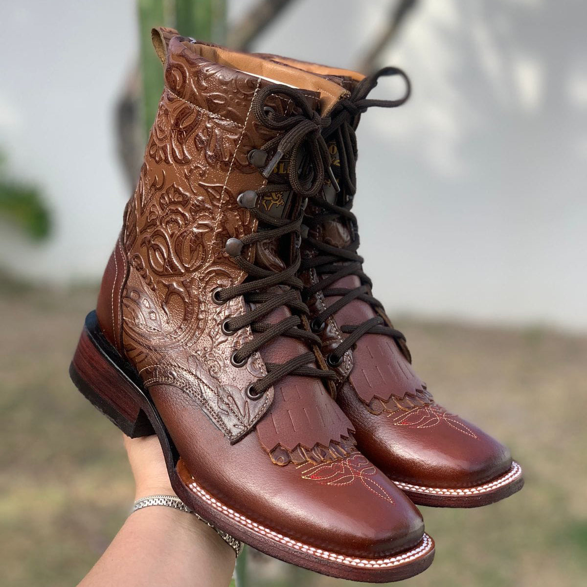 Abolengo Lace Up Cowgirl Boots Cute Tooled Print Design