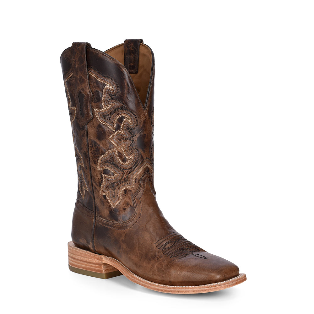 Men's Moka Genuine Leather Hand tooled Western Cowboy Boots Square