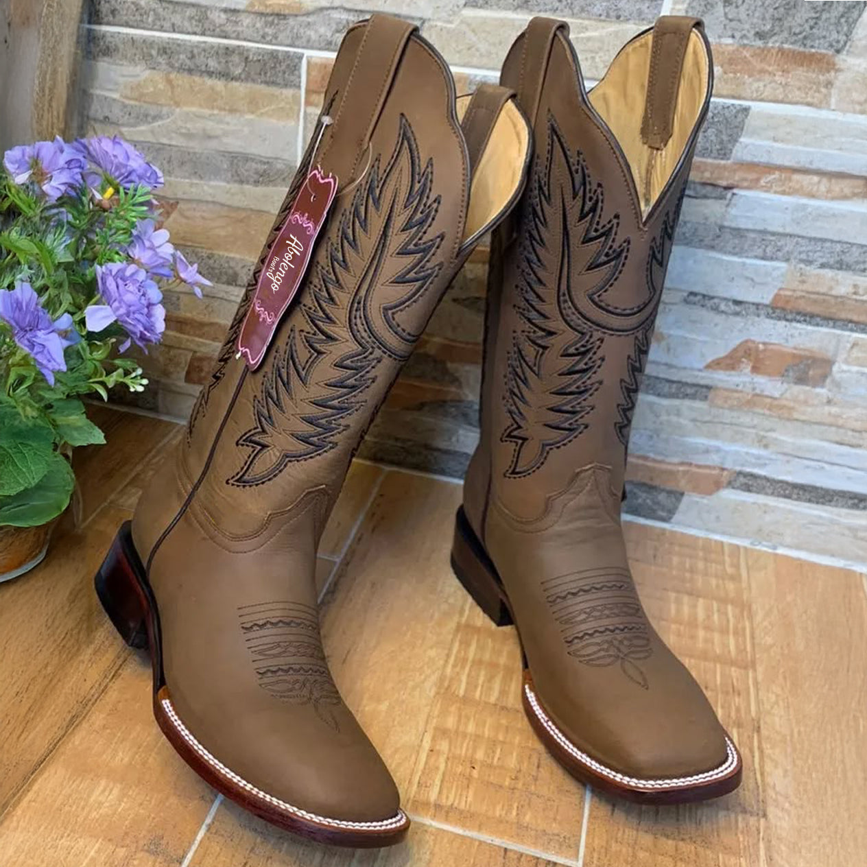 Brown square toe cowgirl boots