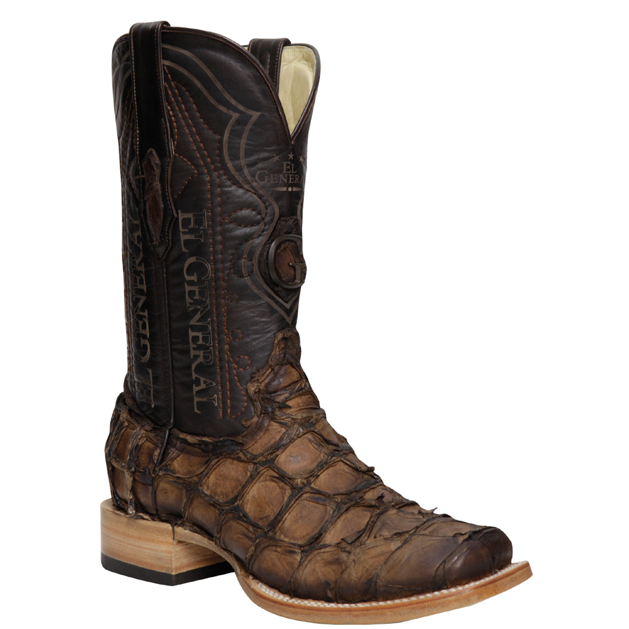 Square toe brown Pirarucu boot