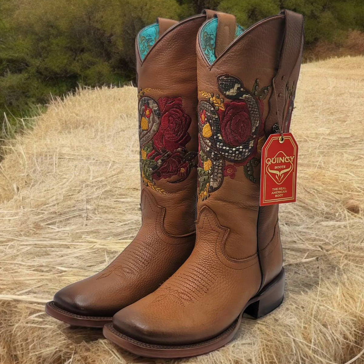 Women's square toe cowgirl boots with snake and rose design 