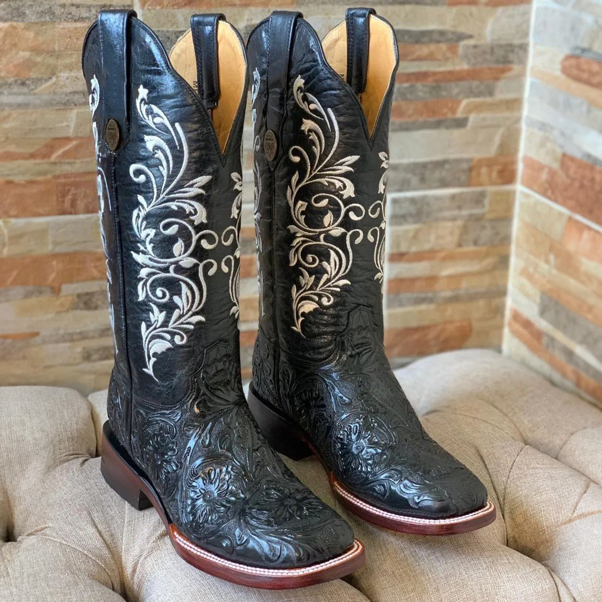 Women's black cowboy boots Tooled square toe