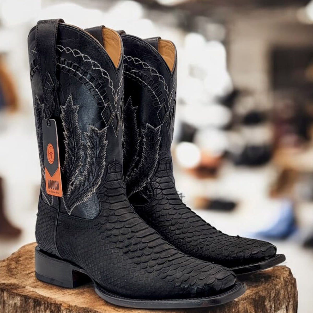 Black Snake Print Boots Square Toe