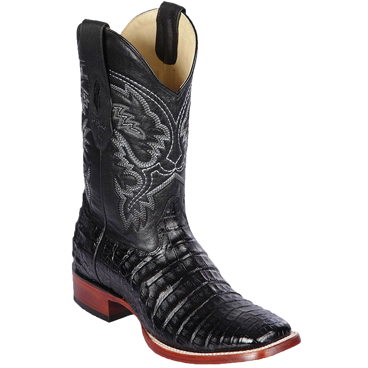 Black caiman square toe cowboy boot