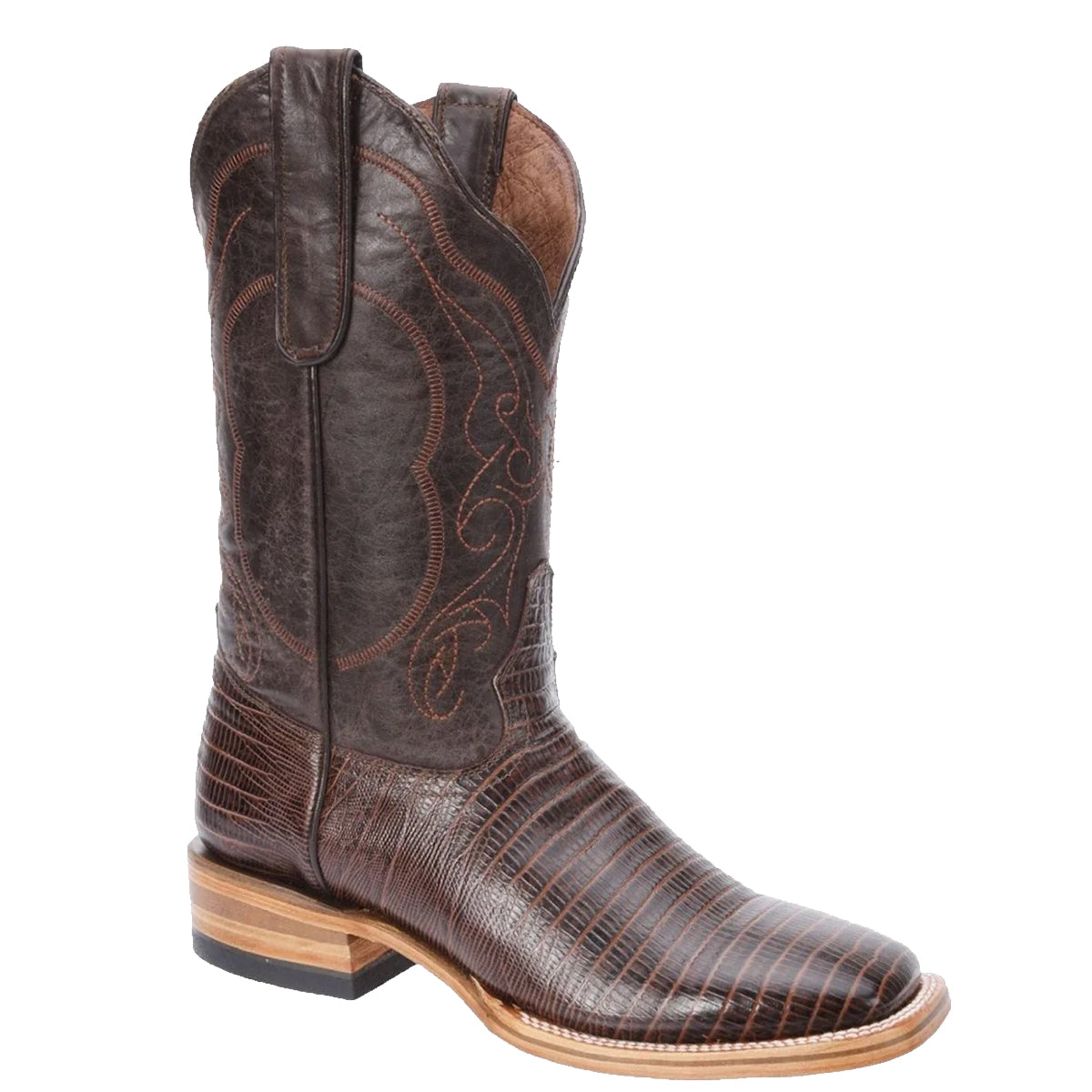 Brown printed lizard square toe cowboy boot