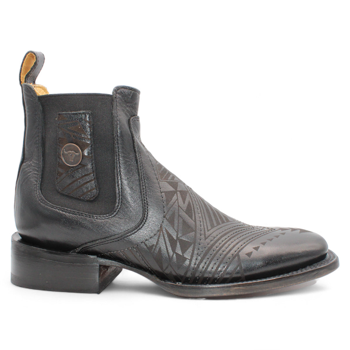 side view of black ankle square toe boots